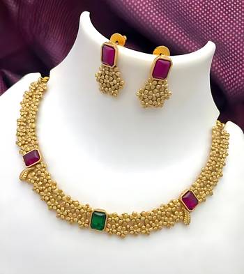 Designer gold floral Necklace :: set with ruby green stones elegant matt gold finish jewelry set for women 1