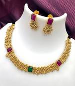 Designer gold floral necklace set with ruby green stones elegant matt gold finish jewelry set for women