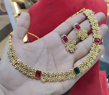Designer gold floral Necklace :: set with ruby green stones elegant matt gold finish jewelry set for women 2