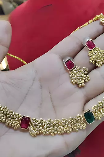 Designer gold floral Necklace :: set with ruby green stones elegant matt gold finish jewelry set for women