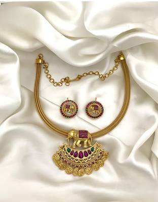 Antique gold elephant pendant Necklace :: set with ruby & green stones | traditional south indian temple jewelry 1