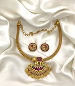 Antique gold elephant pendant necklace set with ruby & green stones | traditional south indian temple jewelry