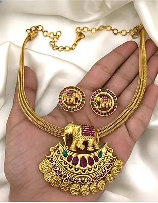 Antique gold elephant pendant Necklace :: set with ruby & green stones | traditional south indian temple jewelry 2