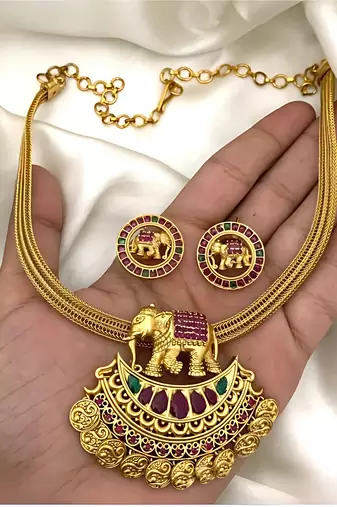 Antique gold elephant pendant Necklace :: set with ruby & green stones | traditional south indian temple jewelry
