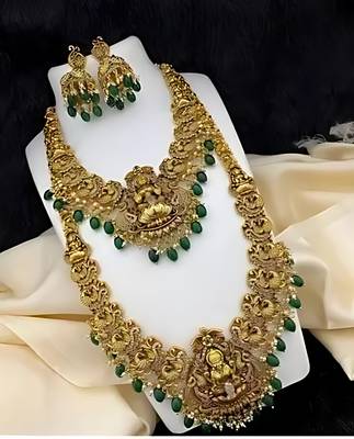 Premium gold plated double layer lakshmi temple necklace set with emerald green beads | traditional wedding jewelry 2