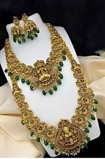 Premium gold plated double layer lakshmi temple necklace set with emerald green beads | traditional wedding jewelry