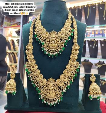 Premium gold plated double layer lakshmi temple necklace set with emerald green beads | traditional wedding jewelry 1