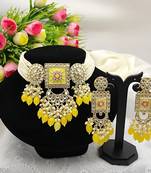 Opulent kundan meena yellow bead jewelry set - exquisite indian bridal accessories