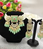 Regal kundan meena necklace and earrings set with mint beads -exquisite indian bridal jewelry collection