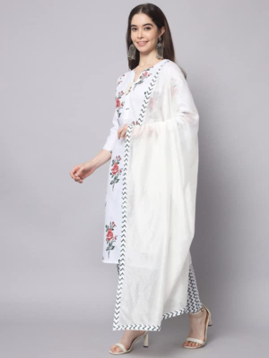 Rayon Floral Printed White Straight Kurti With Pant & Dupatta Set For Womens & Girls | Indian Ethnic Wear Kurti Set 1