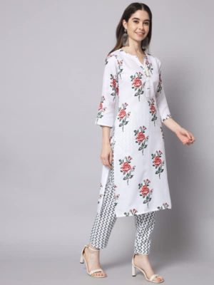 Rayon Floral Printed White Straight Kurti With Pant & Dupatta Set For Womens & Girls | Indian Ethnic Wear Kurti Set 2