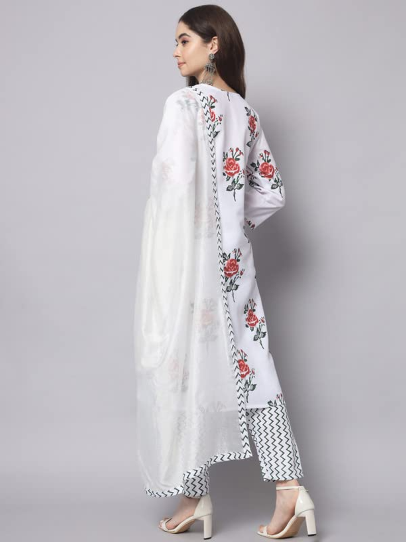 Rayon Floral Printed White Straight Kurti With Pant & Dupatta Set For Womens & Girls | Indian Ethnic Wear Kurti Set