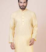 Nawaz kurta cotton blend yellow abstract design full sleeve festive kurta for men