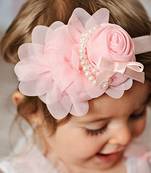 Akinoskids Newborn Infant Toddler Baby Girl Pink Chiffone Flower Pearl Elastic Lace  Soft Headband