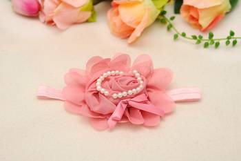 Akinoskids Newborn Infant Toddler Baby Girl Peach Chiffone Flower Pearl Elastic Lace  Soft Headband 1