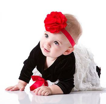 Akinoskids Red Print Infant Newborn Lace/Satin/Tulle Flower Puff Bows Girls Newborn Baby Soft Headband 1