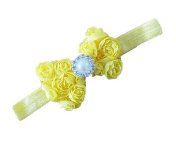 Akinoskids Mesh Yarn Yellow Baby Bow Flower Elastic Newborn Soft Headband 2