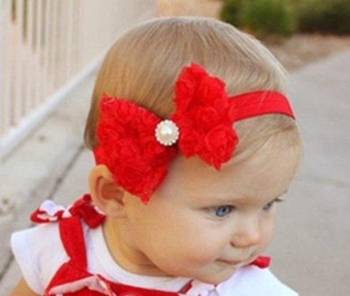 Akinoskids Mesh Yarn Red Baby Bow Flower Elastic Newborn Soft Headband 1