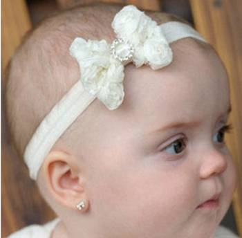 Akinoskids Mesh Yarn White Baby Bow Flower Elastic Newborn Soft Headband 1