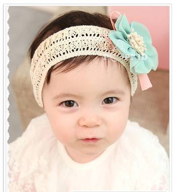 Akinoskids Elegant Blue  Lace And Linen Chiffon Flower Newborn Babygirl Soft Headband 1