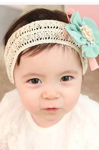 Akinoskids Elegant Blue  Lace And Linen Chiffon Flower Newborn Babygirl Soft Headband