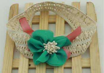Akinoskids Elegant Blue  Lace And Linen Chiffon Flower Newborn Babygirl Soft Headband 3