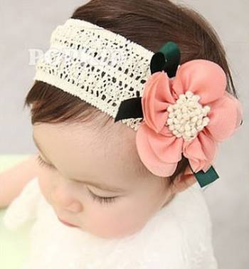 Akinoskids Elegant Peach Lace And Linen Chiffon Flower Newborn Babygirl Soft Headband 1