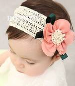 Akinoskids Elegant Peach Lace And Linen Chiffon Flower Newborn Babygirl Soft Headband