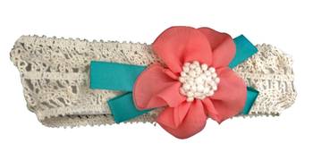 Akinoskids Elegant Peach Lace And Linen Chiffon Flower Newborn Babygirl Soft Headband 3