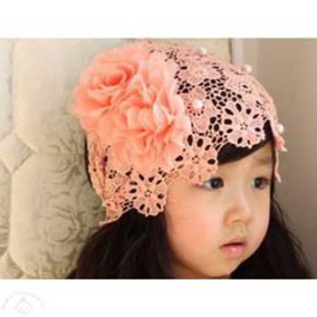 Akinoskids Hollow Pearl Double Chiffon Watermelon Flower Princess Engraving Newborn Soft Headband 2
