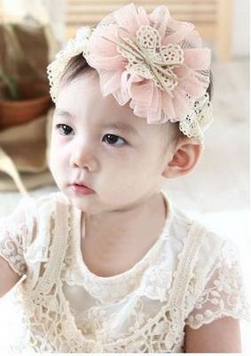 Akinoskids Soft Elastic Lace Chiffon Pink Flower  Newborn Babygirl Headband 1