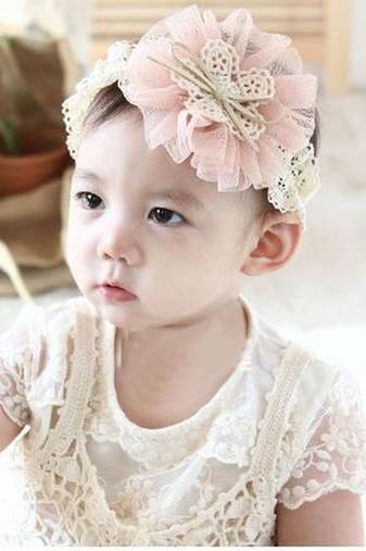Akinoskids Soft Elastic Lace Chiffon Pink Flower  Newborn Babygirl Headband