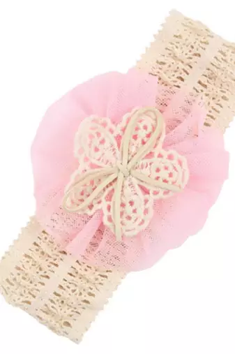 Akinoskids Soft Elastic Lace Chiffon Pink Flower  Newborn Babygirl Headband
