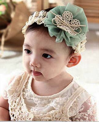 Akinoskids Soft Elastic Lace Chiffon Green Flower  Newborn Babygirl Headband 3
