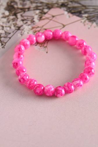 Unisex pink marble crystal beaded elasticated bracelet