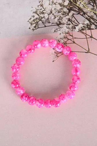 Unisex pink marble crystal beaded elasticated bracelet