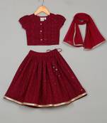 Saka designs ethnic girls embroidered mirror work maroon lehenga choli with dupatta