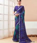 Blue Chiffon Bandhej Printed Sari,Saree With Unstitched Blouse Piece