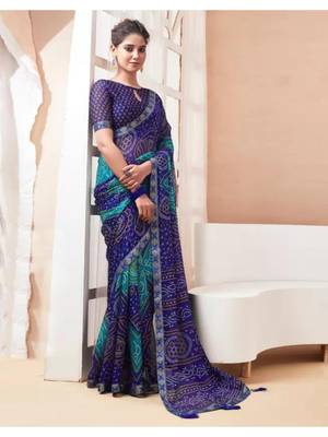 Blue Chiffon Bandhej Printed Sari,Saree With Unstitched Blouse Piece 2