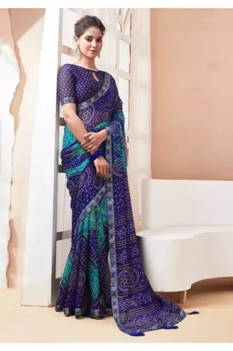 Blue Chiffon Bandhej Printed Sari,Saree With Unstitched Blouse Piece