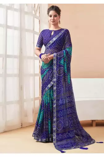 Blue Chiffon Bandhej Printed Sari,Saree With Unstitched Blouse Piece