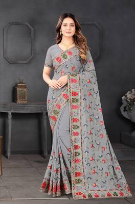 Designer grey resham zari embroidery work georgette saree 1