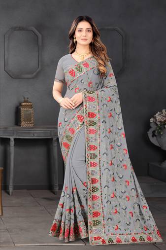 Designer grey resham zari embroidery work georgette saree