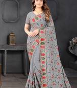 Designer grey resham zari embroidery work georgette saree