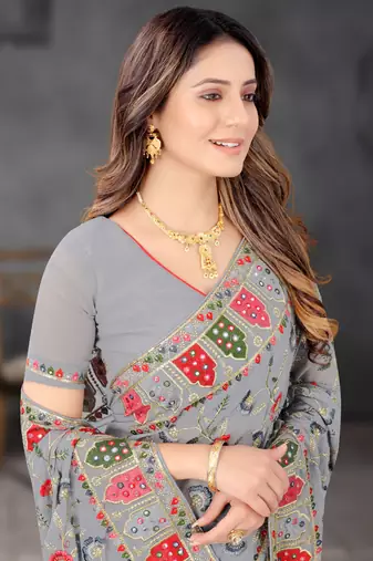 Designer grey resham zari embroidery work georgette saree