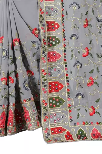 Designer grey resham zari embroidery work georgette saree