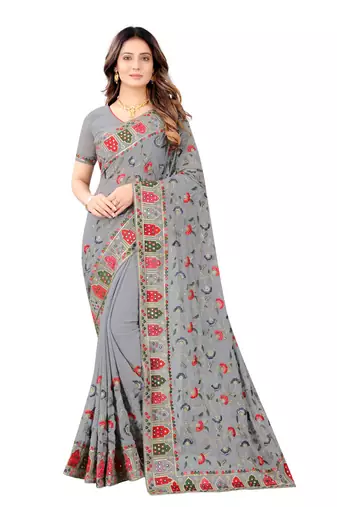 Designer grey resham zari embroidery work georgette saree