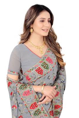 Designer grey resham zari embroidery work georgette saree 5