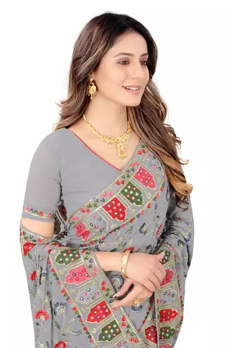 Designer grey resham zari embroidery work georgette saree