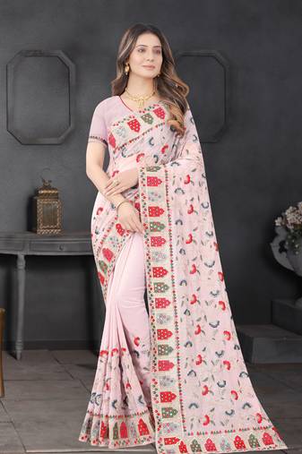 Designer lavender resham zari embroidery work georgette saree